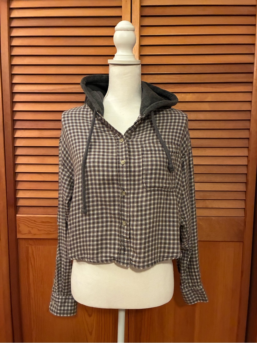 American Eagle Outfitters Brown Plaid Hooded Button-Up Shirt